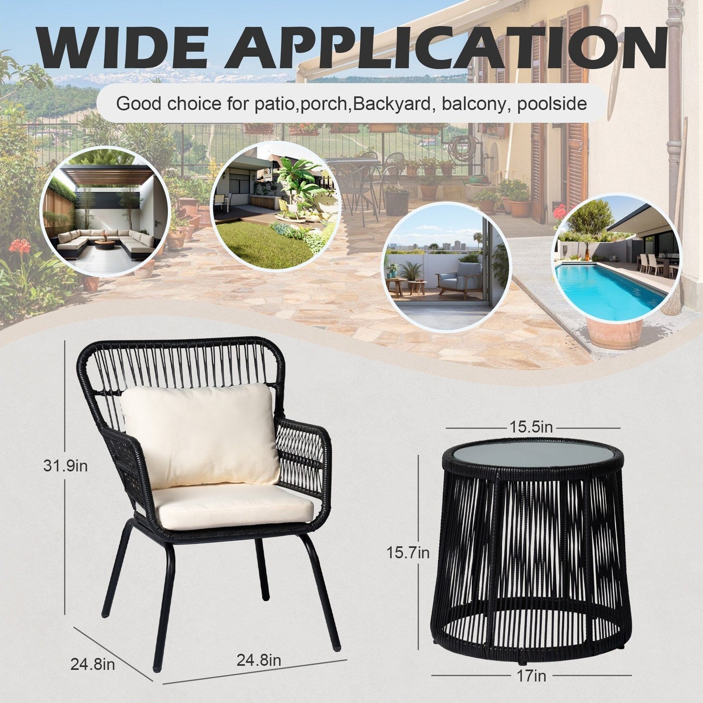 Set da Bistro in vimini da esterno da 3 pezzi, mobili da patio in rattan resistenti alle intemperie con cuscini.