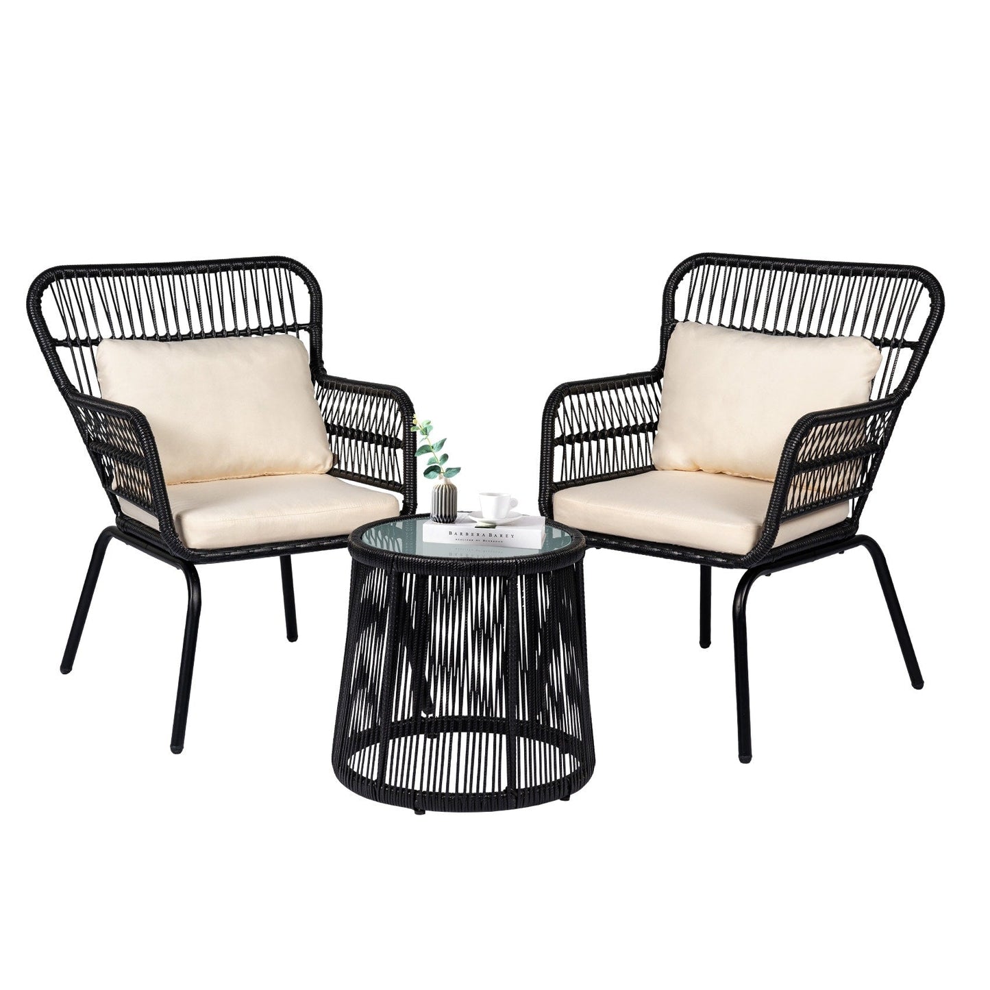 Set da Bistro in vimini da esterno da 3 pezzi, mobili da patio in rattan resistenti alle intemperie con cuscini.