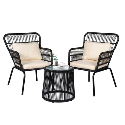 Set da Bistro in vimini da esterno da 3 pezzi, mobili da patio in rattan resistenti alle intemperie con cuscini.