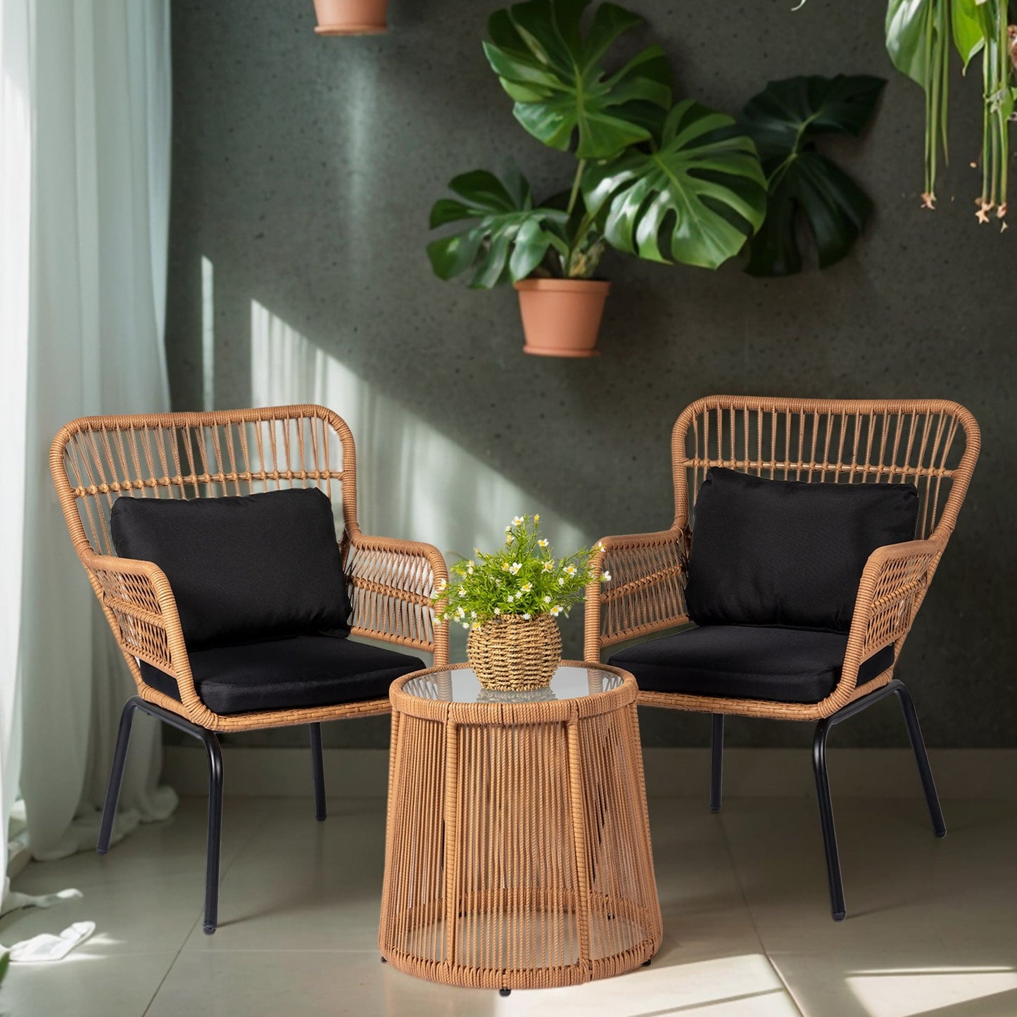 Set da Bistro in vimini da esterno da 3 pezzi, mobili da patio in rattan resistenti alle intemperie con cuscini.