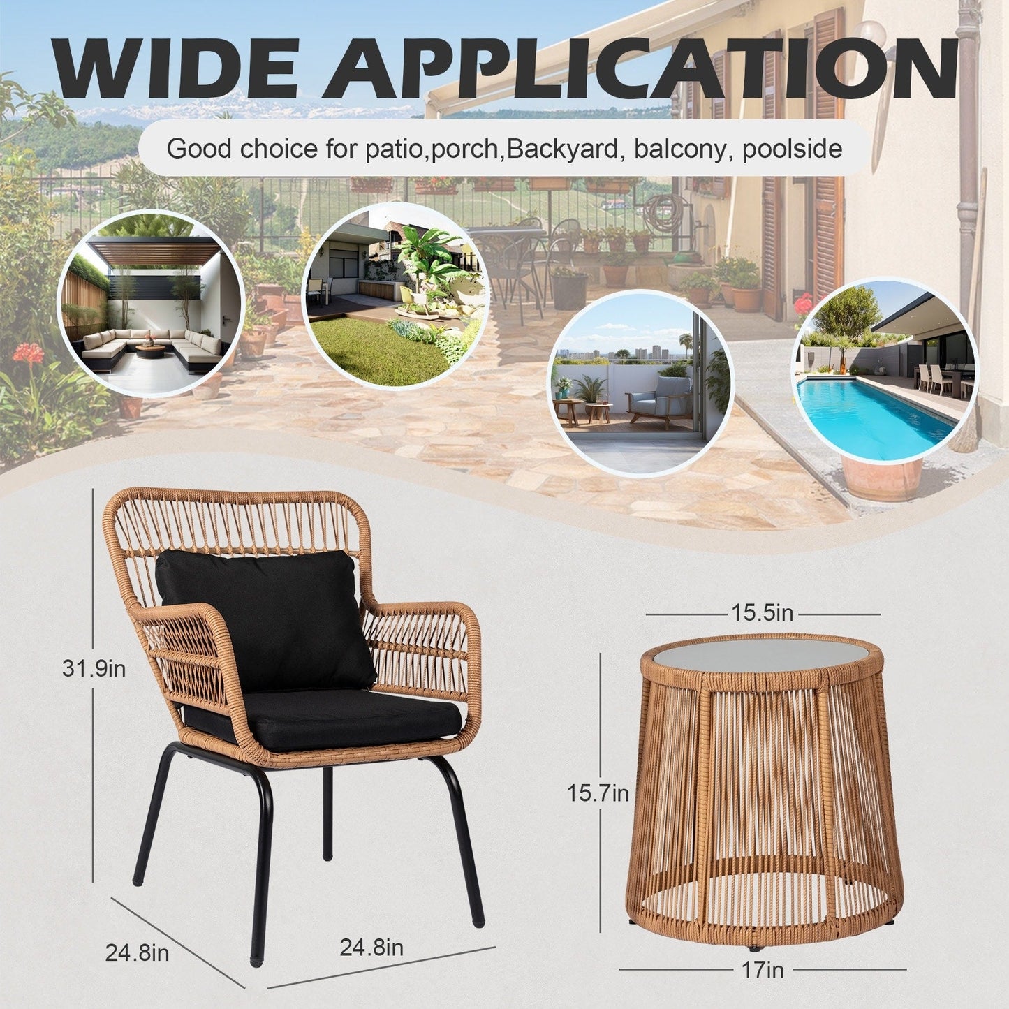 Set da Bistro in vimini da esterno da 3 pezzi, mobili da patio in rattan resistenti alle intemperie con cuscini.
