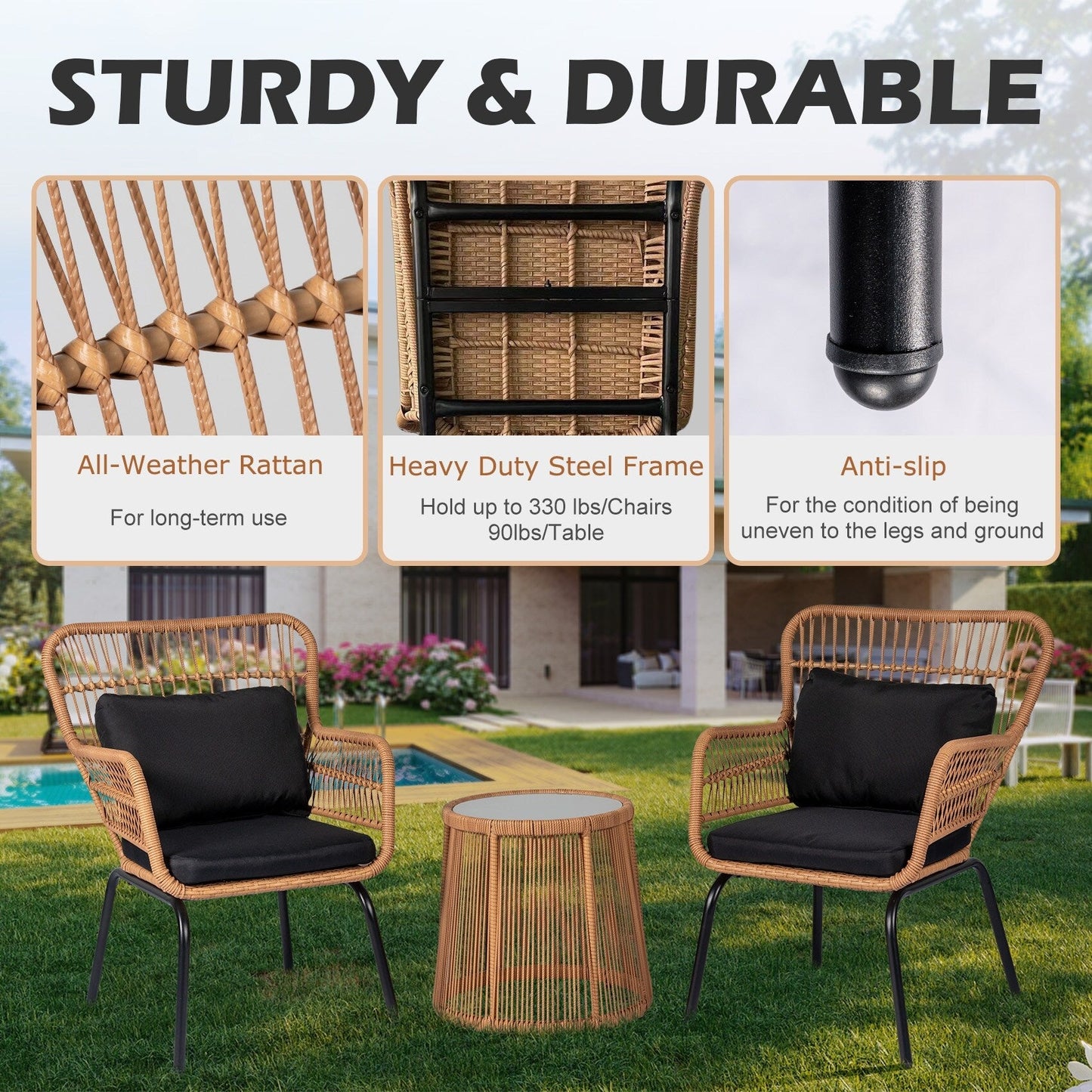 Set da Bistro in vimini da esterno da 3 pezzi, mobili da patio in rattan resistenti alle intemperie con cuscini.