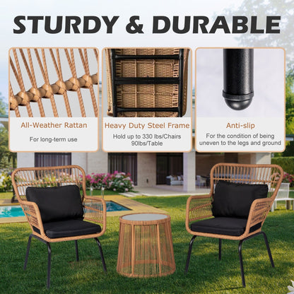 Set da Bistro in vimini da esterno da 3 pezzi, mobili da patio in rattan resistenti alle intemperie con cuscini.