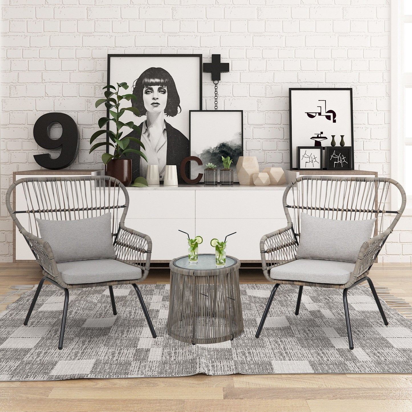 Set da Bistro in vimini da esterno da 3 pezzi, mobili da patio in rattan resistenti alle intemperie con cuscini.