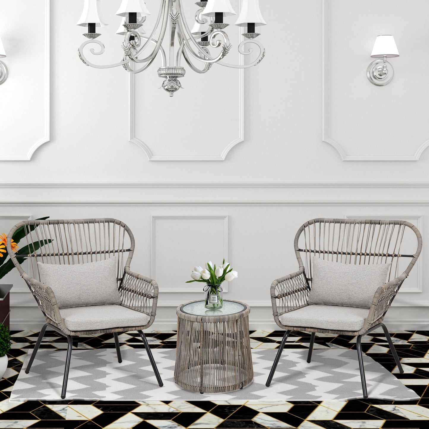 Set da Bistro in vimini da esterno da 3 pezzi, mobili da patio in rattan resistenti alle intemperie con cuscini.