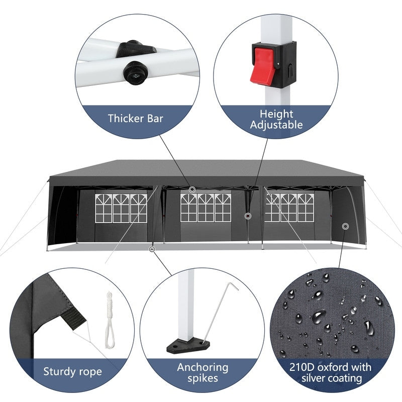 Gazebo pieghevole in Oxford Cloth 30x10FT con 8 sacchi di sabbia e 8 pareti laterali, con copertura a tenda a imbarcazione - 30x10x8.8FT(LWH)
