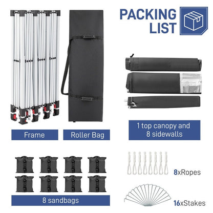 Gazebo pieghevole in Oxford Cloth 30x10FT con 8 sacchi di sabbia e 8 pareti laterali, con copertura a tenda a imbarcazione - 30x10x8.8FT(LWH)