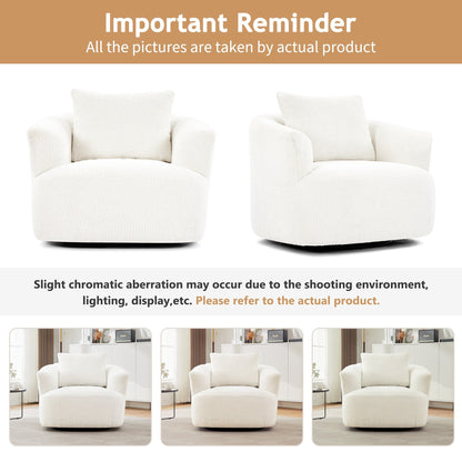 Sedia girevole a 360°, poltrona accentuata in boucle da 38,2 pollici con cuscino decorativo, poltrona a forma di barile rivestita con braccioli curvi.