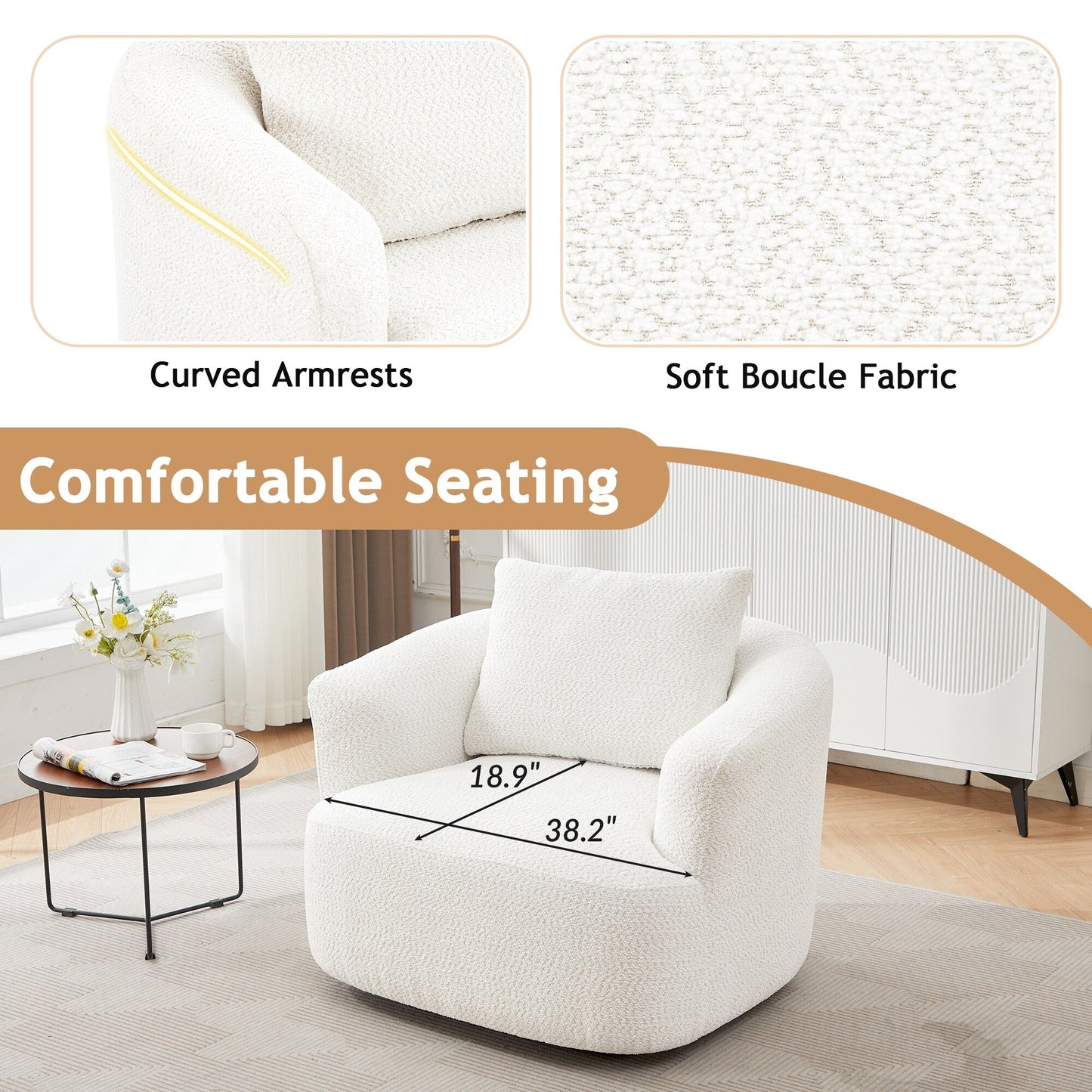 Sedia girevole a 360°, poltrona accentuata in boucle da 38,2 pollici con cuscino decorativo, poltrona a forma di barile rivestita con braccioli curvi.