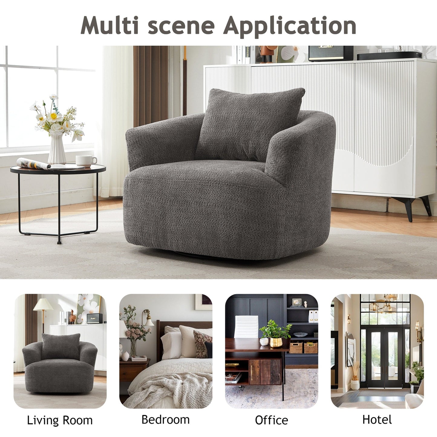 Sedia girevole a 360°, poltrona accentuata in boucle da 38,2 pollici con cuscino decorativo, poltrona a forma di barile rivestita con braccioli curvi.