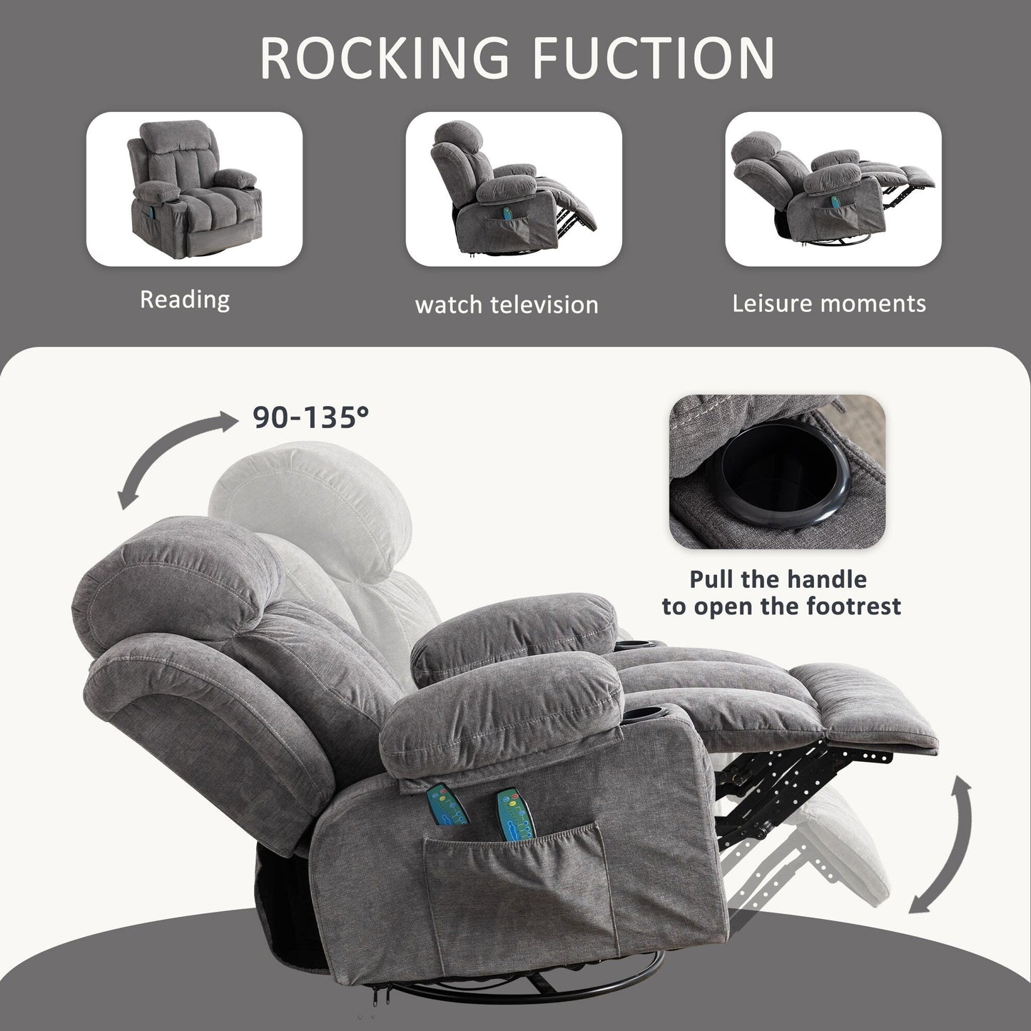 Sedia reclinabile girevole a 360° con massaggio, riscaldamento, USB e portabicchieri