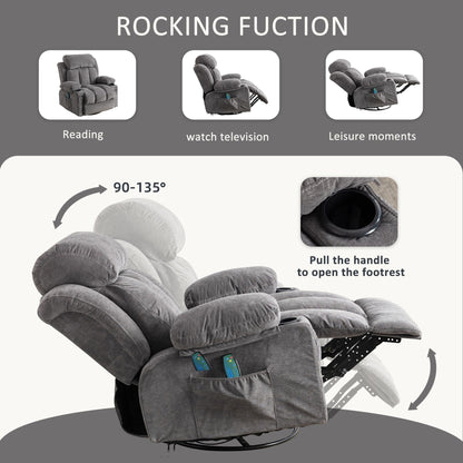 Sedia reclinabile girevole a 360° con massaggio, riscaldamento, USB e portabicchieri