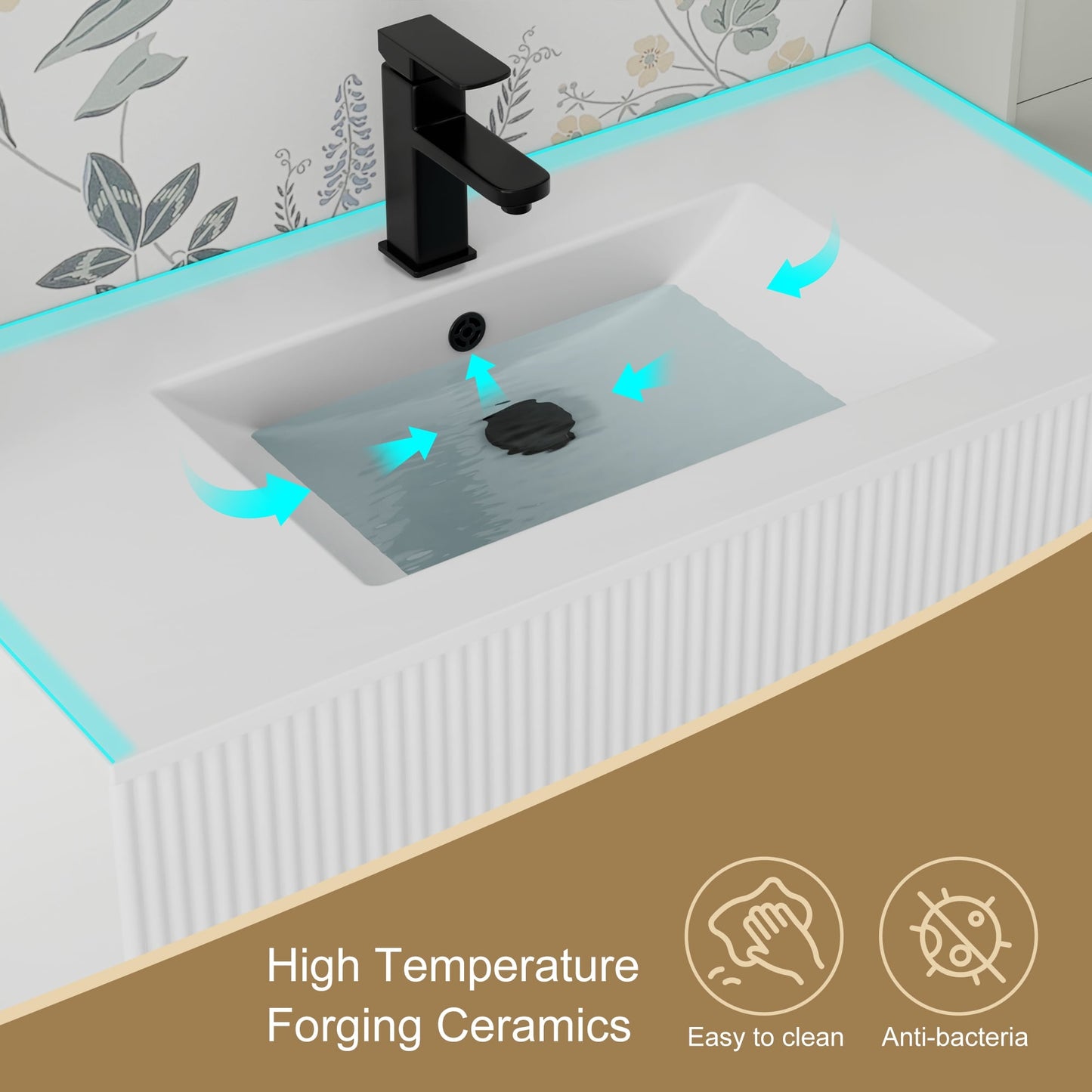 Set per bagno Wavy Line con mobile lavabo e miscelatore, disponibile nelle misure 30/36/48 pollici.