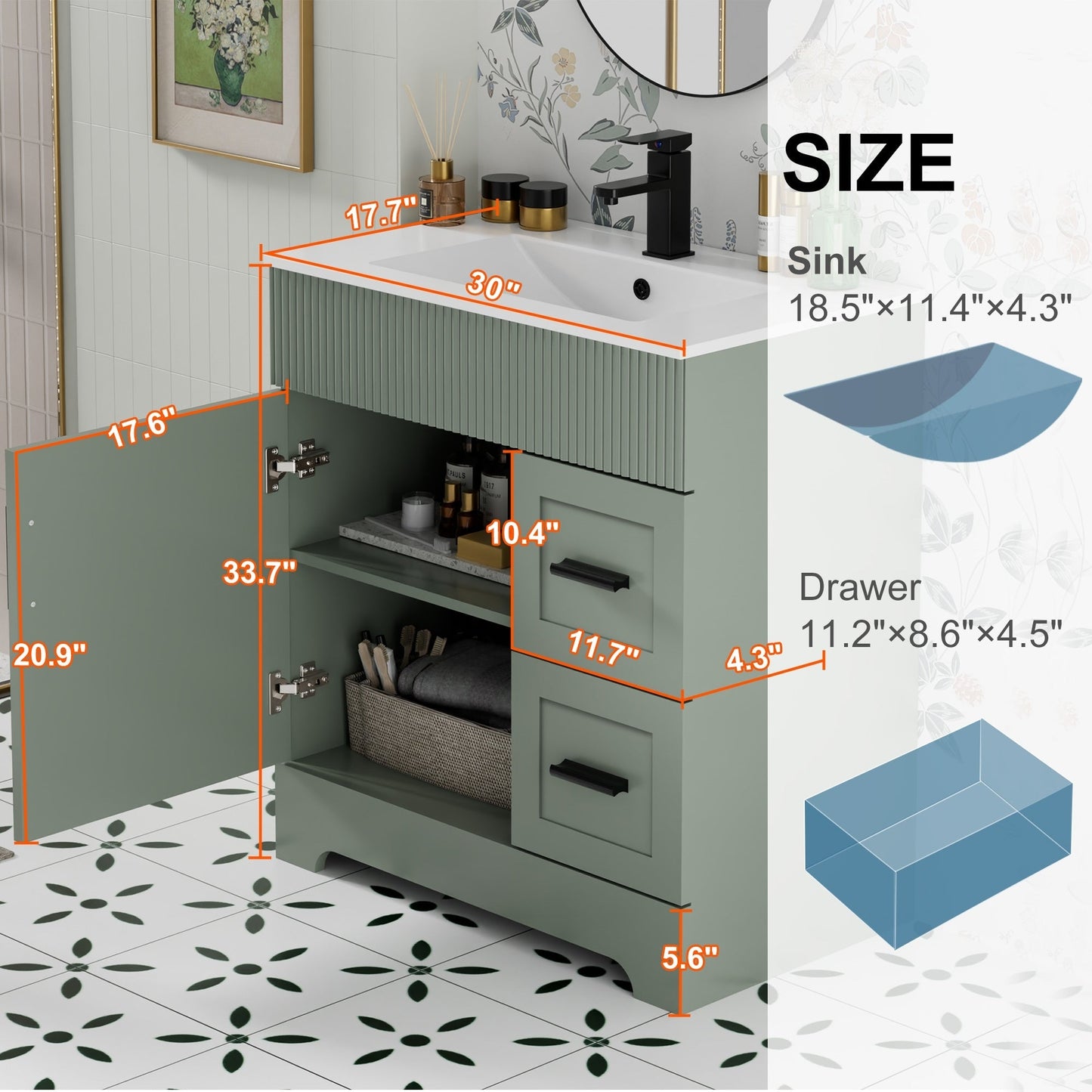 Set per bagno Wavy Line con mobile lavabo e miscelatore, disponibile nelle misure 30/36/48 pollici.