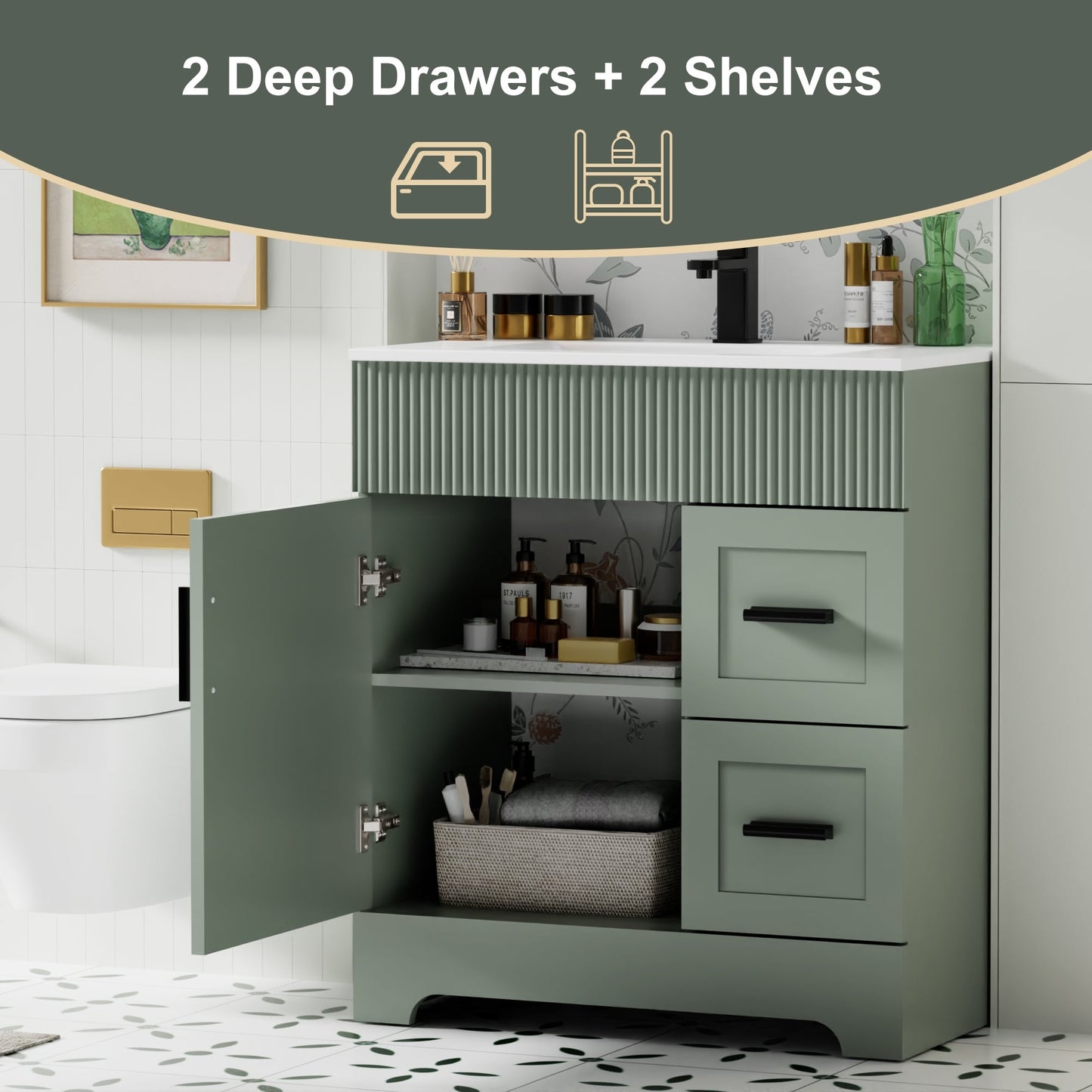 Set per bagno Wavy Line con mobile lavabo e miscelatore, disponibile nelle misure 30/36/48 pollici.