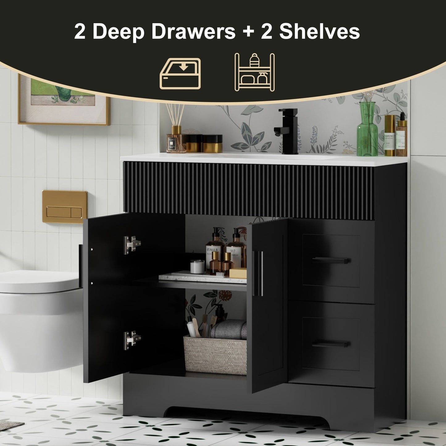 Set per bagno Wavy Line con mobile lavabo e miscelatore, disponibile nelle misure 30/36/48 pollici.