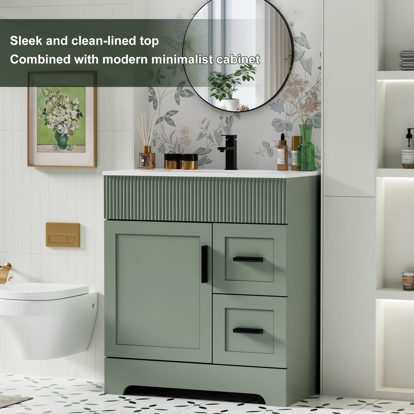 Set per bagno Wavy Line con mobile lavabo e miscelatore, disponibile nelle misure 30/36/48 pollici.