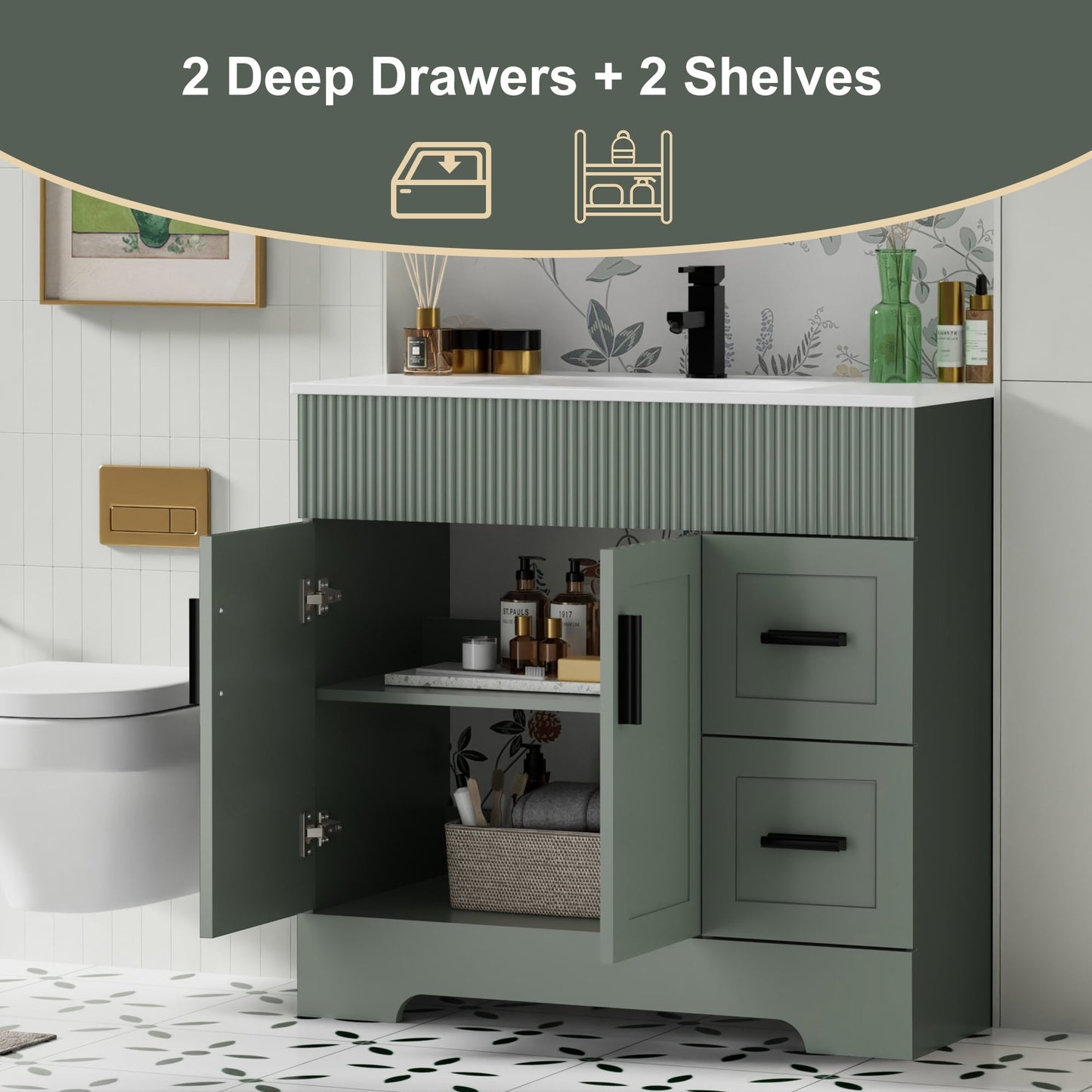 Set per bagno Wavy Line con mobile lavabo e miscelatore, disponibile nelle misure 30/36/48 pollici.