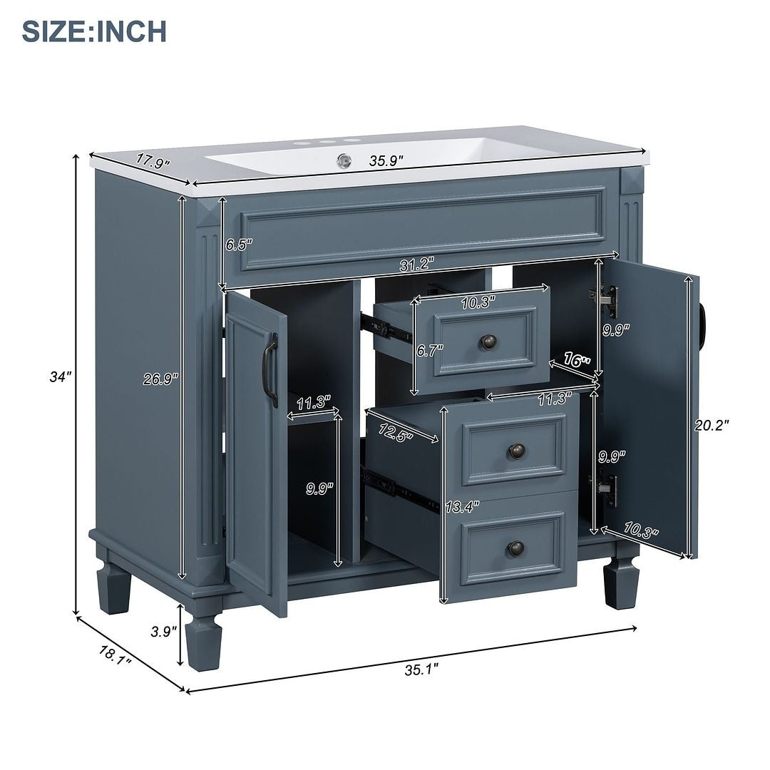 Mobile da bagno moderno da 91 cm con lavabo a incasso, specchiera con ante e 2 cassetti.
