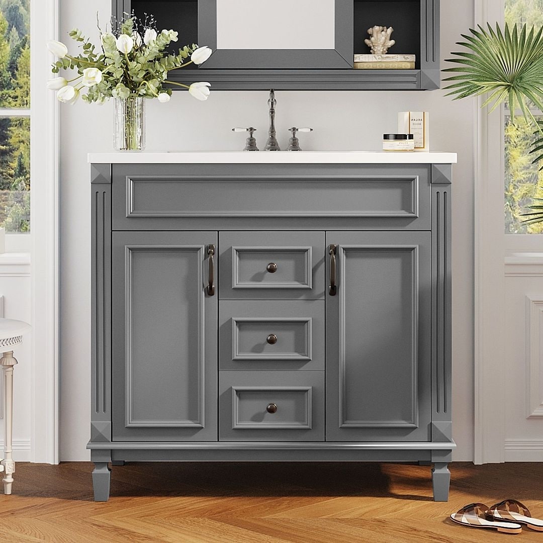 Mobile da bagno moderno da 91 cm con lavabo a incasso, specchiera con ante e 2 cassetti.