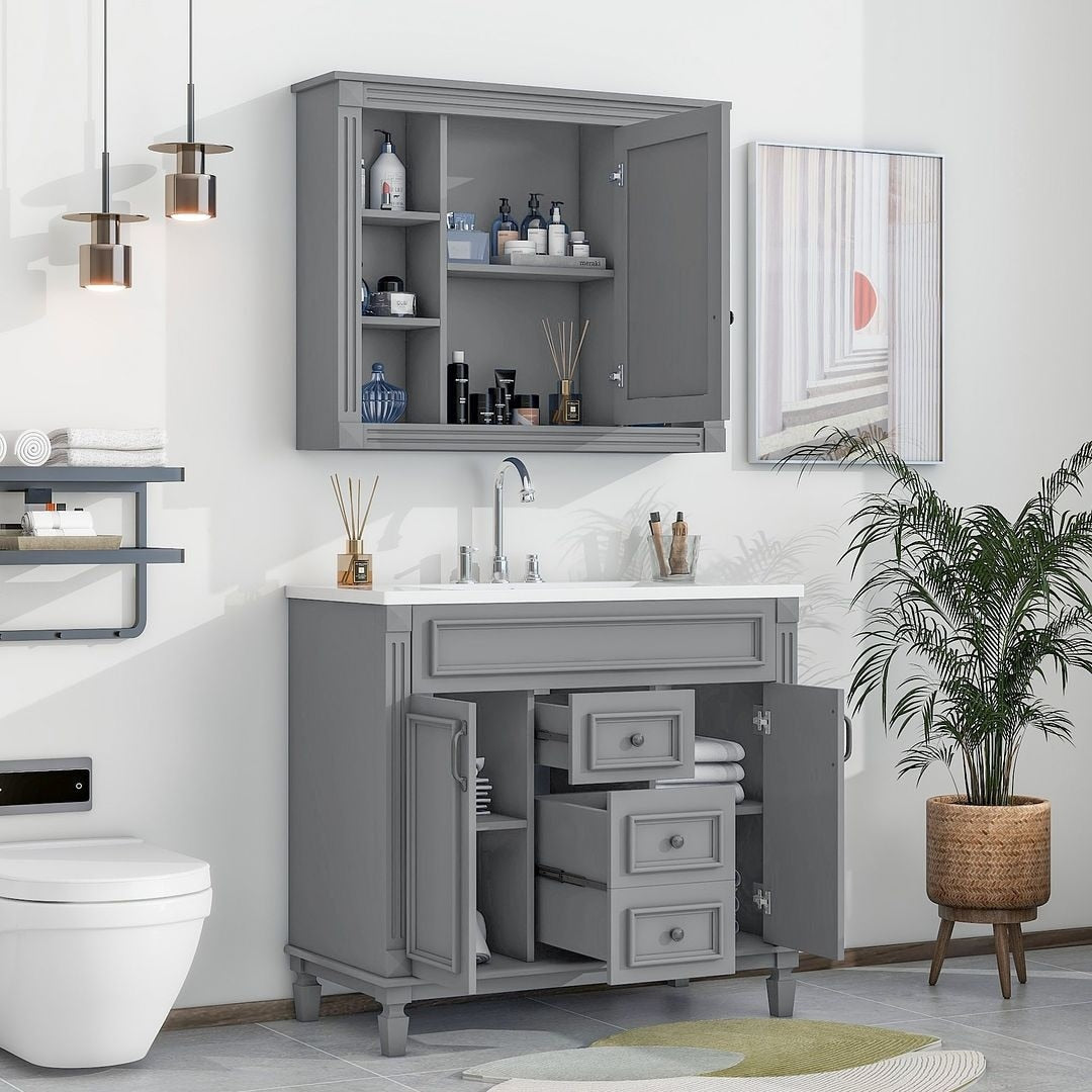 Mobile da bagno moderno da 91 cm con lavabo a incasso, specchiera con ante e 2 cassetti.