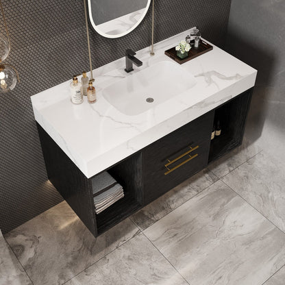 Mobile da bagno sospeso da 39,4'' con lavabo in ceramica, mobile a parete con 2 cassetti a chiusura lenta e piano in ardesia bianca - 39'4 x 18'9