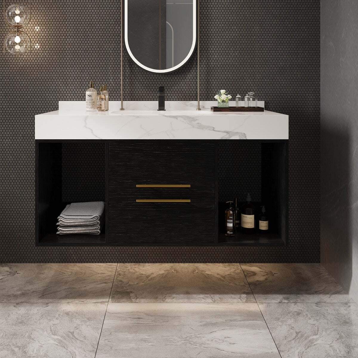 Mobile da bagno sospeso da 39,4'' con lavabo in ceramica, mobile a parete con 2 cassetti a chiusura lenta e piano in ardesia bianca - 39'4 x 18'9