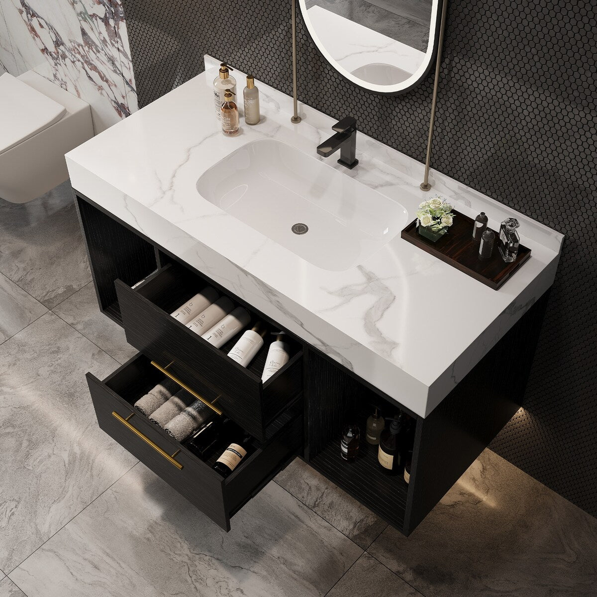 Mobile da bagno sospeso da 39,4'' con lavabo in ceramica, mobile a parete con 2 cassetti a chiusura lenta e piano in ardesia bianca - 39'4 x 18'9