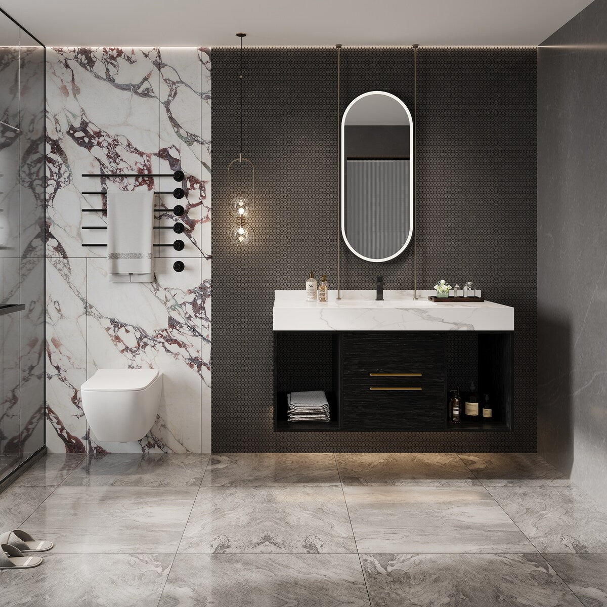 Mobile da bagno sospeso da 39,4'' con lavabo in ceramica, mobile a parete con 2 cassetti a chiusura lenta e piano in ardesia bianca - 39'4 x 18'9