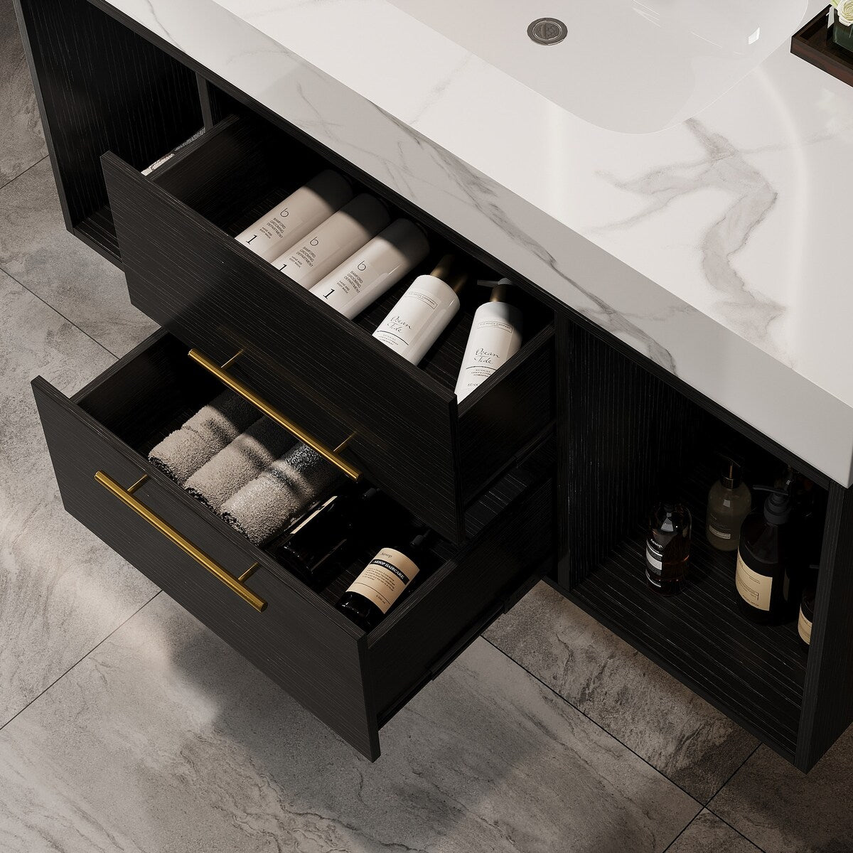 Mobile da bagno sospeso da 39,4'' con lavabo in ceramica, mobile a parete con 2 cassetti a chiusura lenta e piano in ardesia bianca - 39'4 x 18'9