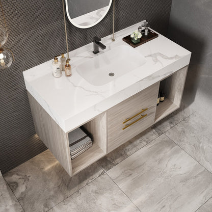 Mobile da bagno sospeso da 39,4'' con lavabo in ceramica, mobile a parete con 2 cassetti a chiusura lenta e piano in ardesia bianca - 39'4 x 18'9