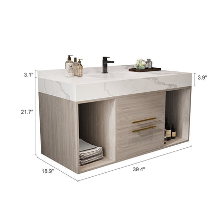 Mobile da bagno sospeso da 39,4'' con lavabo in ceramica, mobile a parete con 2 cassetti a chiusura lenta e piano in ardesia bianca - 39'4 x 18'9