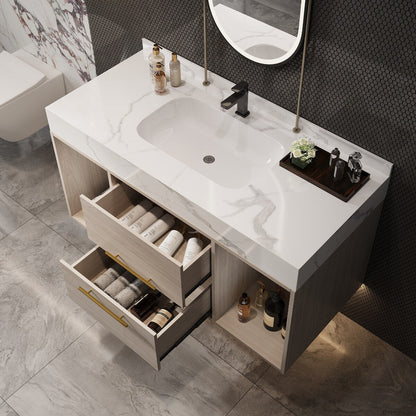 Mobile da bagno sospeso da 39,4'' con lavabo in ceramica, mobile a parete con 2 cassetti a chiusura lenta e piano in ardesia bianca - 39'4 x 18'9