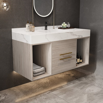 Mobile da bagno sospeso da 39,4'' con lavabo in ceramica, mobile a parete con 2 cassetti a chiusura lenta e piano in ardesia bianca - 39'4 x 18'9