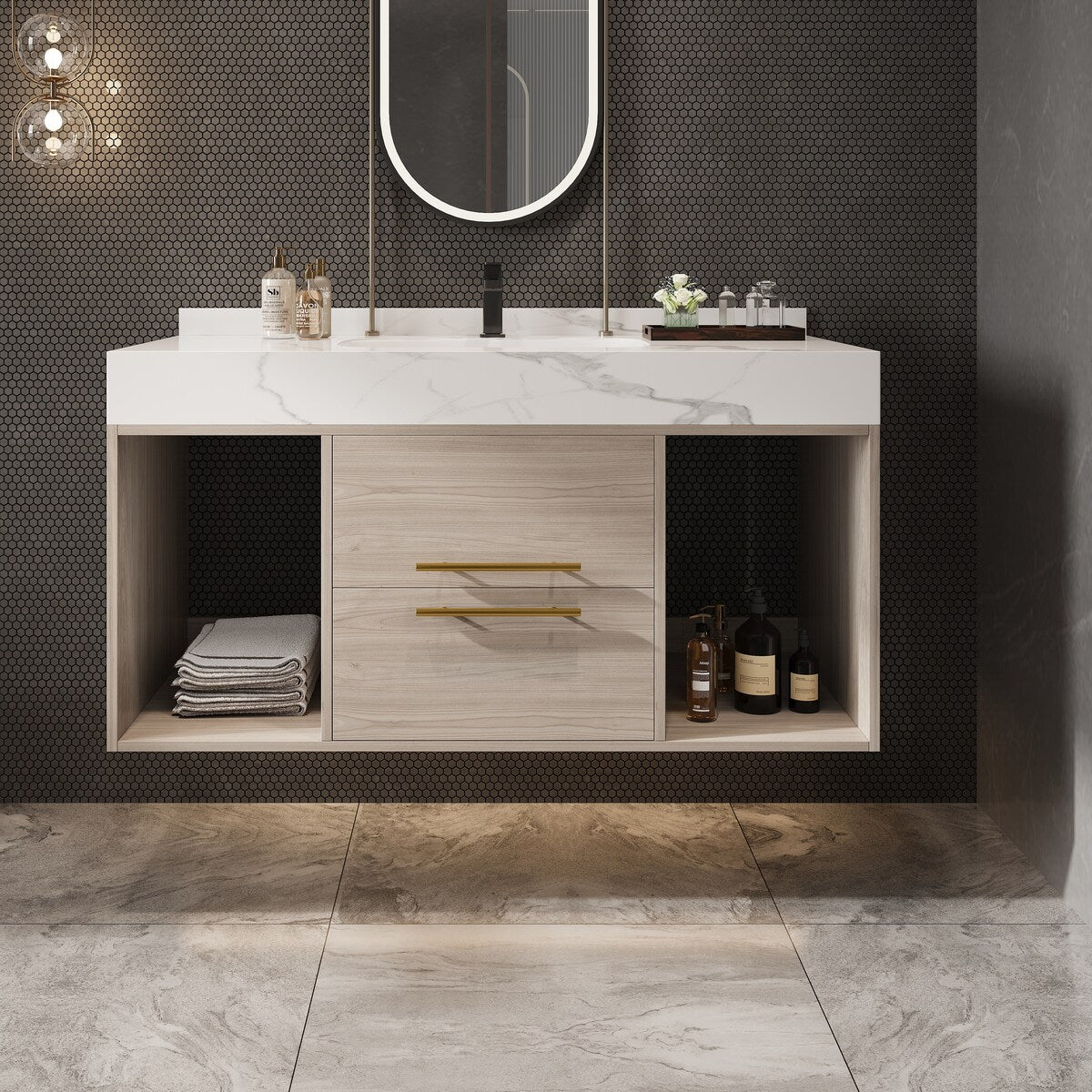 Mobile da bagno sospeso da 39,4'' con lavabo in ceramica, mobile a parete con 2 cassetti a chiusura lenta e piano in ardesia bianca - 39'4 x 18'9