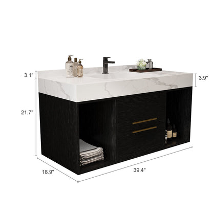 Mobile da bagno sospeso da 39,4'' con lavabo in ceramica, mobile a parete con 2 cassetti a chiusura lenta e piano in ardesia bianca - 39'4 x 18'9