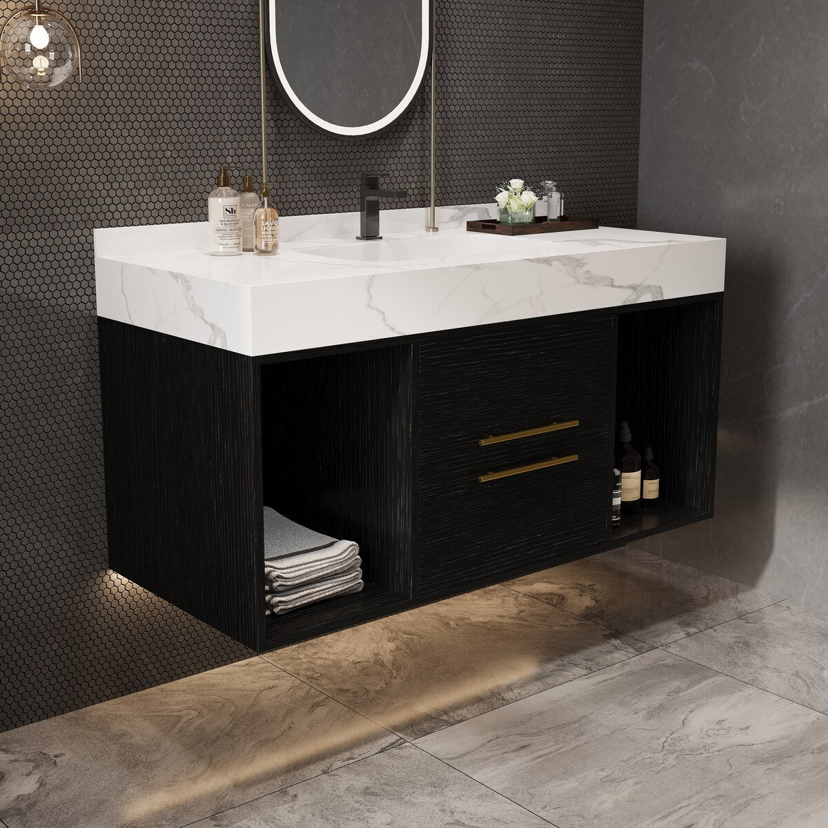 Mobile da bagno sospeso da 39,4'' con lavabo in ceramica, mobile a parete con 2 cassetti a chiusura lenta e piano in ardesia bianca - 39'4 x 18'9