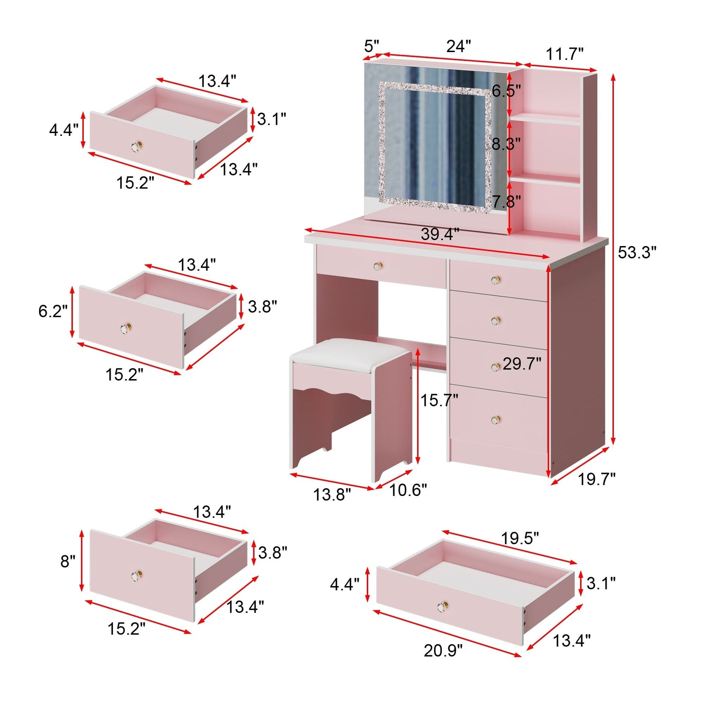 Set da trucco con specchio e sgabello, largo 39,4 pollici.