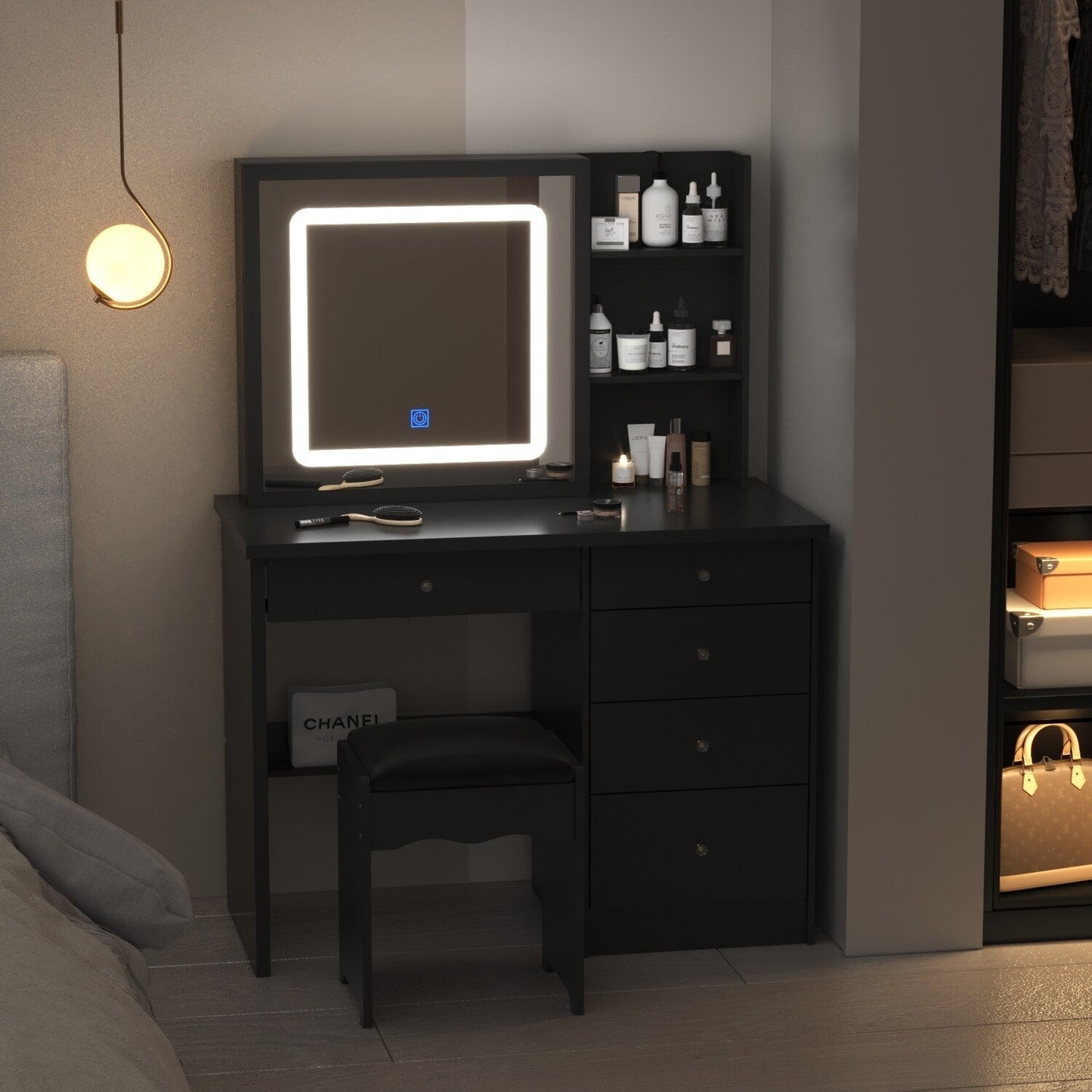 Set da trucco con specchio e sgabello, largo 39,4 pollici.