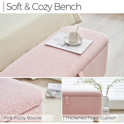 Panca portaoggetti in boucle color bianco avorio, 39,5 pollici, panca portaoggetti in sherpa, poggiapiedi, panca da fine letto per soggiorno e camera da letto, con gambe in legno.