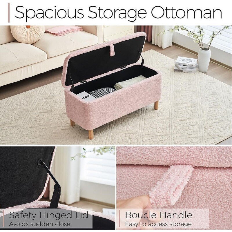 Panca portaoggetti in boucle color bianco avorio, 39,5 pollici, panca portaoggetti in sherpa, poggiapiedi, panca da fine letto per soggiorno e camera da letto, con gambe in legno.