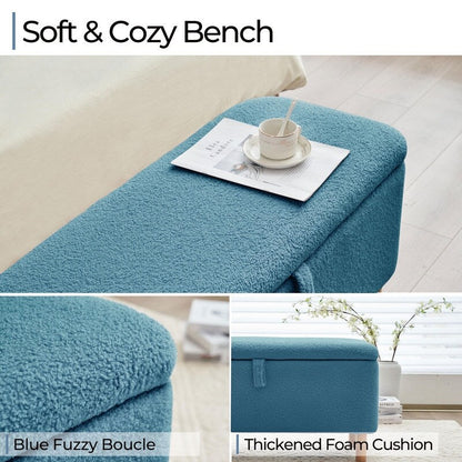 Panca portaoggetti in boucle color bianco avorio, 39,5 pollici, panca portaoggetti in sherpa, poggiapiedi, panca da fine letto per soggiorno e camera da letto, con gambe in legno.