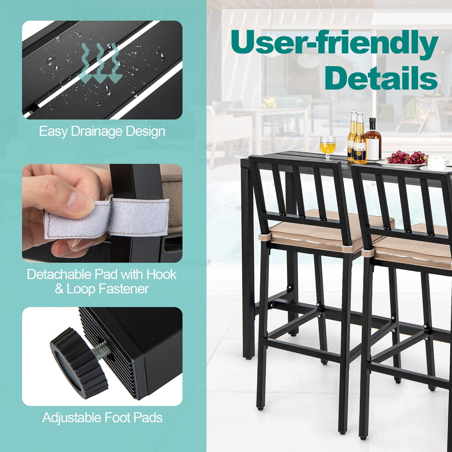 Set da pranzo da esterno 3 pezzi: tavolo da bar e sedie in metallo con cuscini.