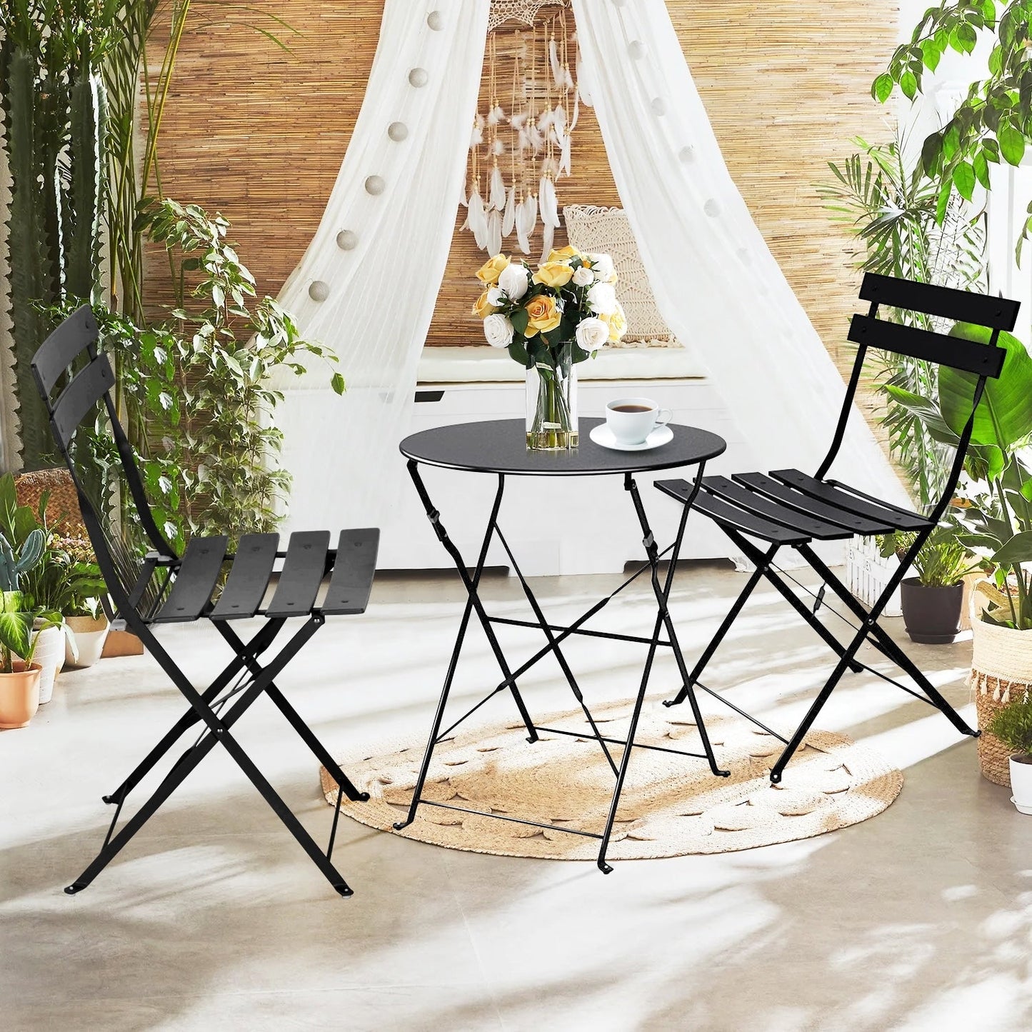 Set da bistrot pieghevole in metallo da 3 pezzi, set da conversazione per esterni/interni resistente alle intemperie, ideale per patio, cortile, giardino.