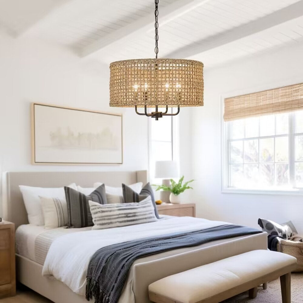 Lampadario a tamburo bohémien intrecciato a mano a 4 luci - Paglia - 50,8 cm (20 pollici) di larghezza