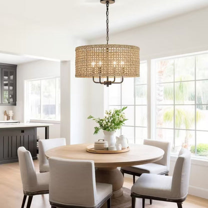 Lampadario a tamburo bohémien intrecciato a mano a 4 luci - Paglia - 50,8 cm (20 pollici) di larghezza