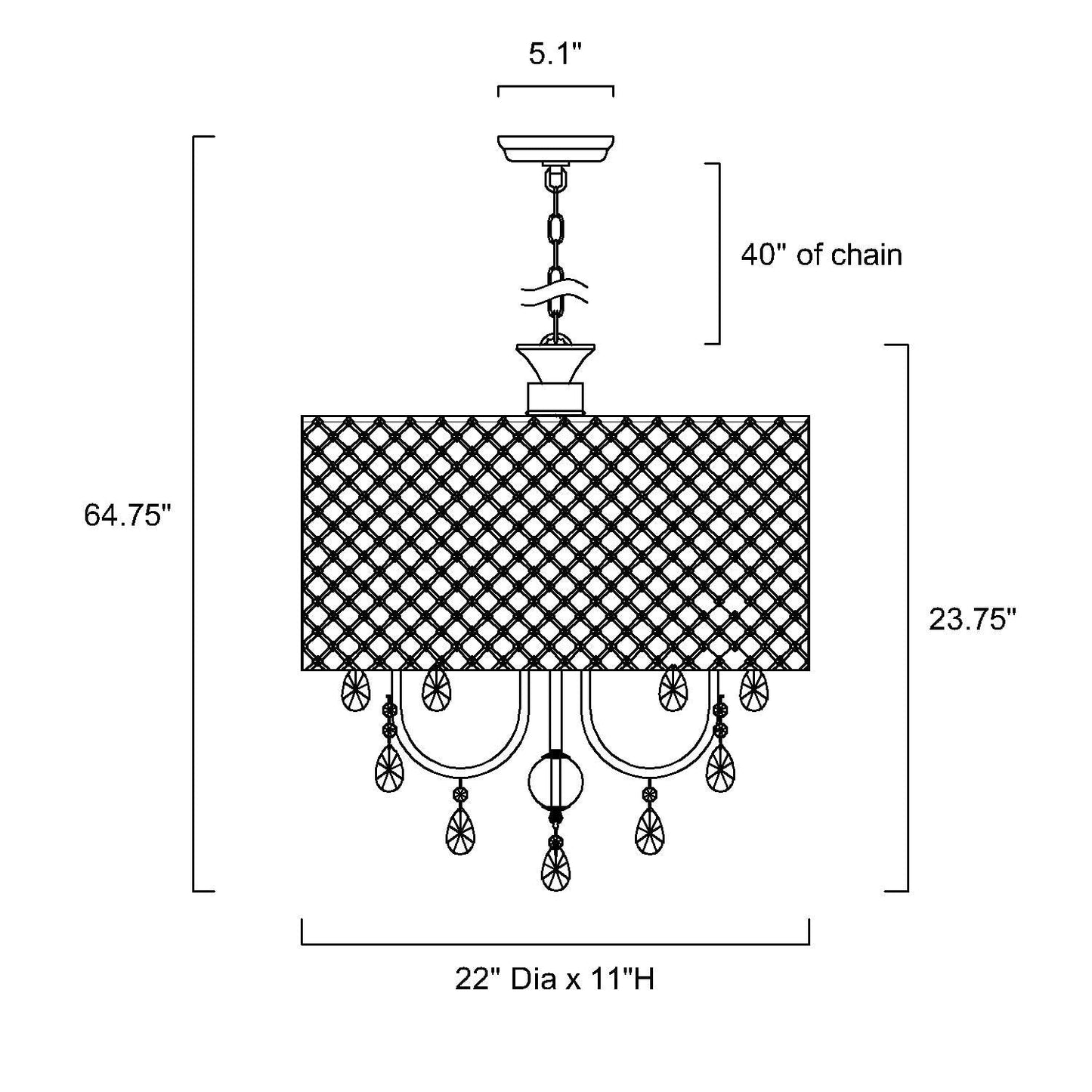 Lampadario a tamburo rotondo con perline e cristalli pendenti