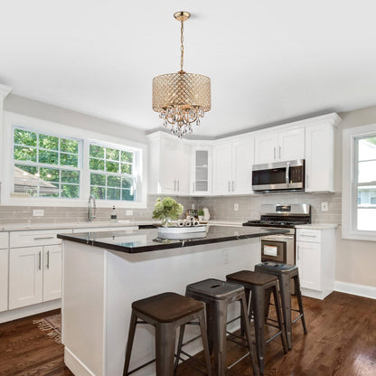 Lampadario a tamburo rotondo con perline e cristalli pendenti