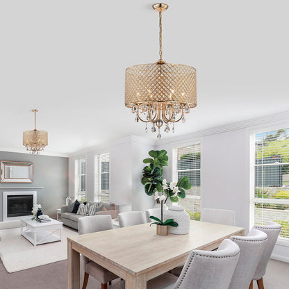 Lampadario a tamburo rotondo con perline e cristalli pendenti