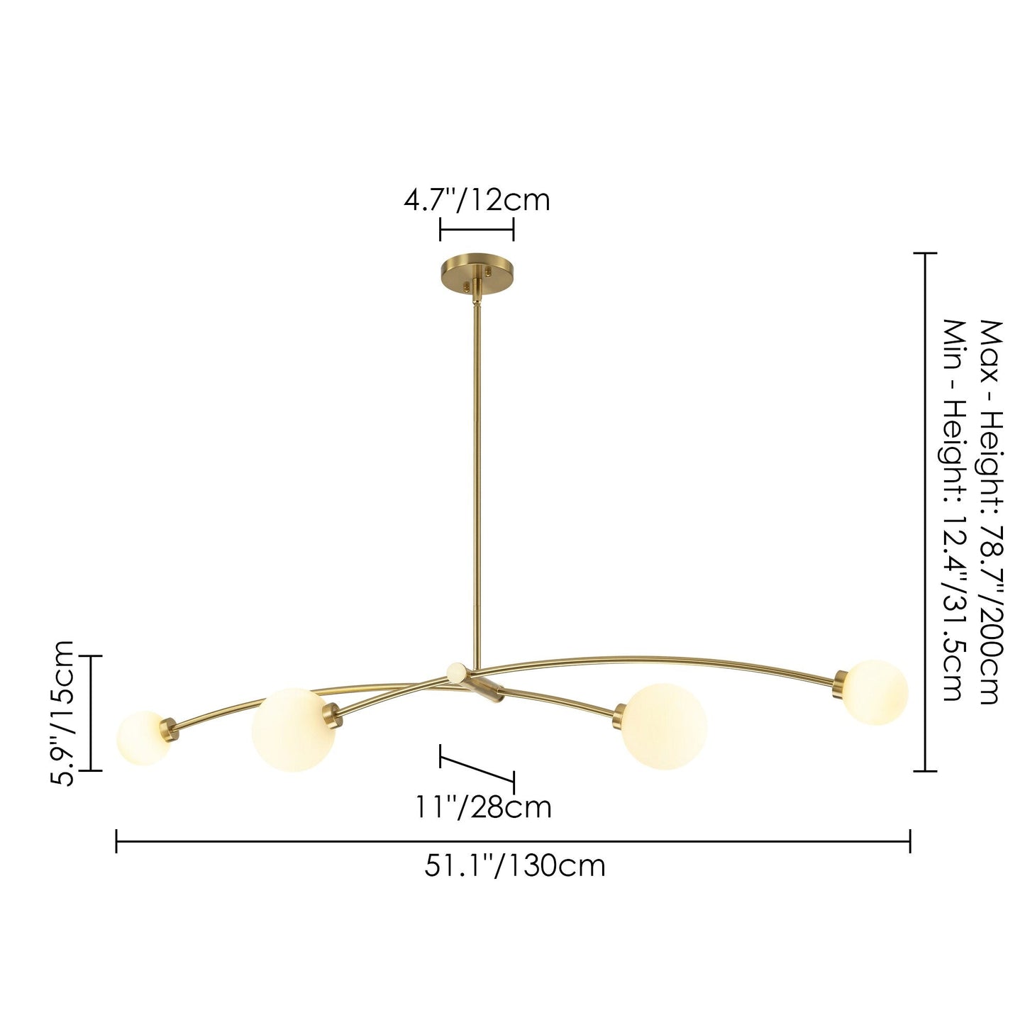 Lampada a sospensione a 4 luci, stile Sputnik lineare, moderna, color oro, ideale per isola cucina/sala da pranzo - 130,5 cm L x 28 cm P x 15 cm A